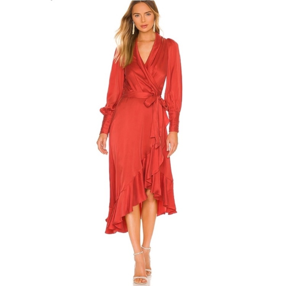 Zimmermann Silk Wrap Midi Dress in Crimson Red - Picture 2 of 12